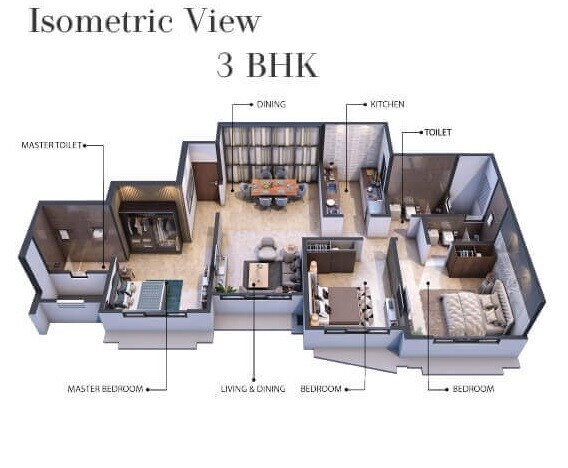 Floor plan of 3 BHK 838 Sq. Ft. Apartment in Gurukrupa Smiles Marina Enclave, Mumbai