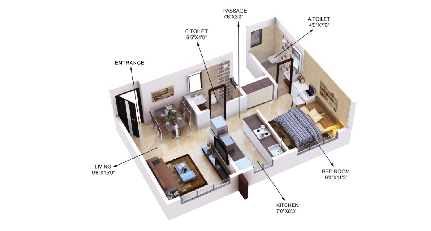Floor plan of 1 BHK 410 Sq. Ft. Apartment in Gurukrupa Ugam, Mumbai