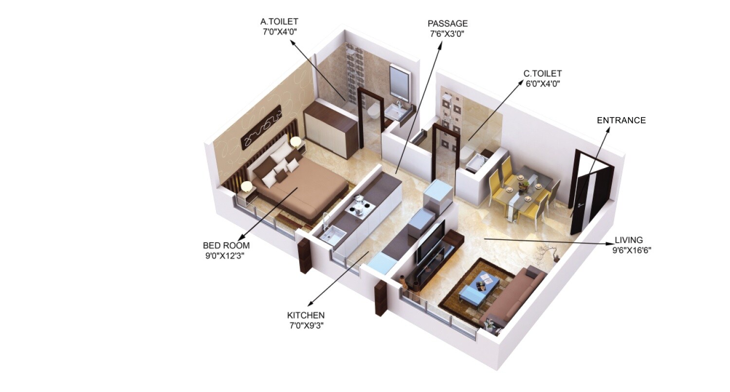 Floor plan of 1 BHK 420 Sq. Ft. Apartment in Gurukrupa Ugam, Mumbai