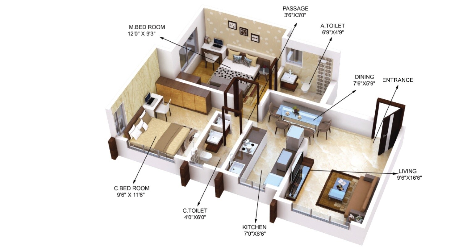 Floor plan of 2 BHK 575 Sq. Ft. Apartment in Gurukrupa Ugam, Mumbai
