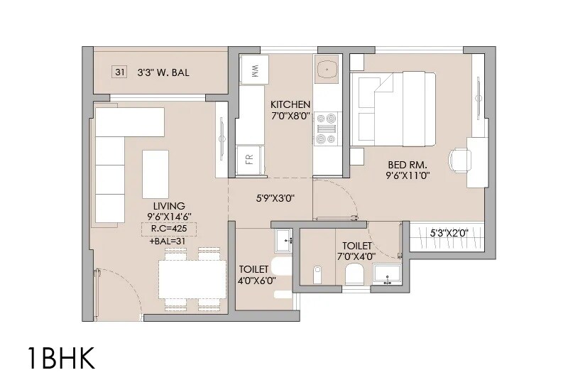 Floor plan of 1 BHK 405 Sq. Ft. Apartment in Gyan Gold Crest, Mumbai