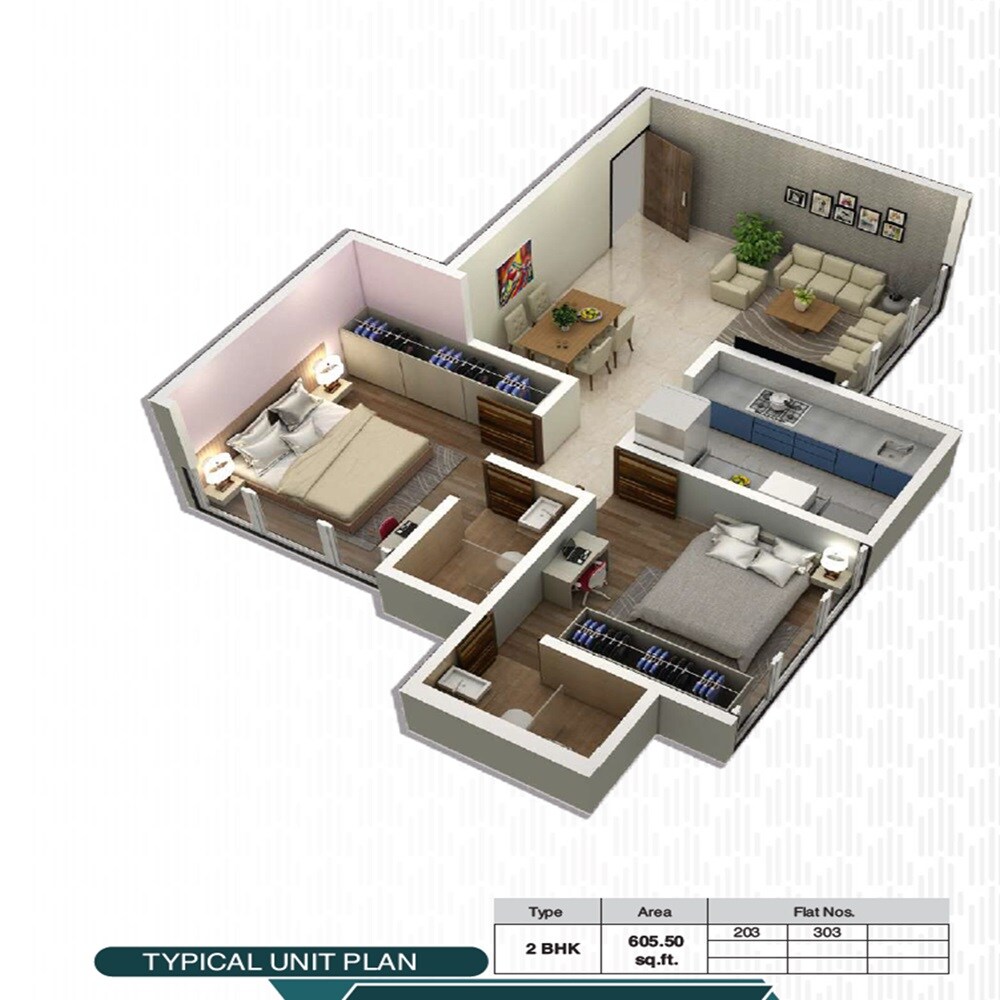 Floor plan of 2 BHK Apartment - 605 sq. ft. in H And D Tathastu, Mumbai