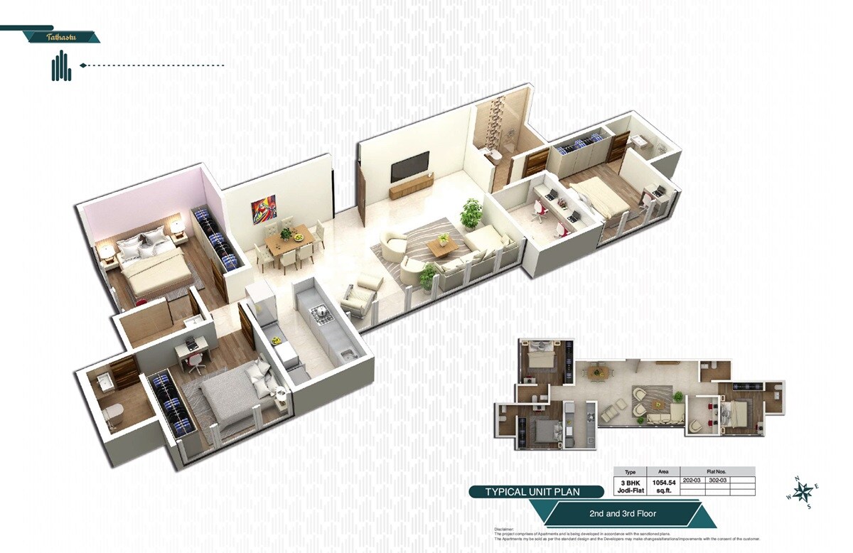 Floor plan of 3 BHK Apartment - 1054 sq. ft. in H And D Tathastu, Mumbai