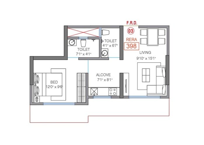 Floor plan of 1 BHK 398 Sq. Ft. Apartment in H Rishabraj AER, Mumbai