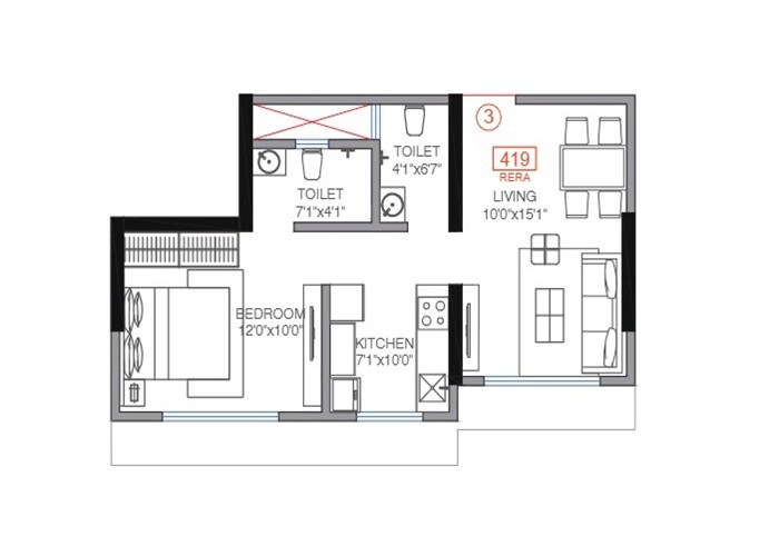 Floor plan of 1 BHK 419 Sq. Ft. Apartment in H Rishabraj AER, Mumbai