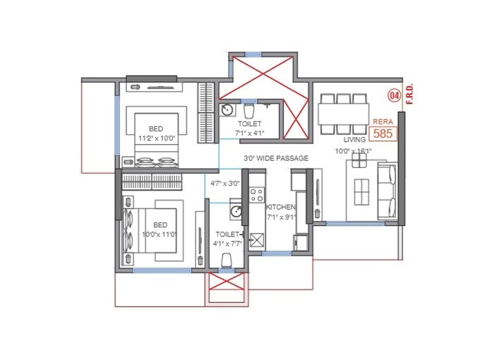 Floor plan of 2 BHK 585 Sq. Ft. Apartment in H Rishabraj AER, Mumbai
