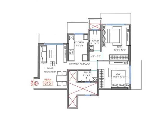 Floor plan of 2 BHK 615 Sq. Ft. Apartment in H Rishabraj AER, Mumbai