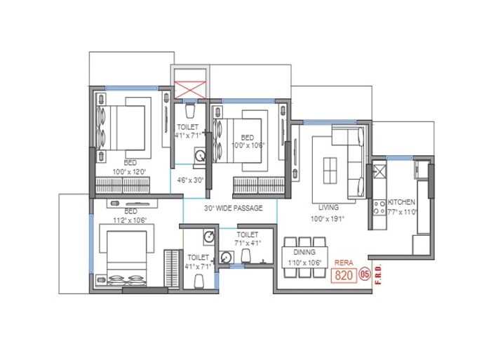 Floor plan of 3 BHK 820 Sq. Ft. Apartment in H Rishabraj AER, Mumbai