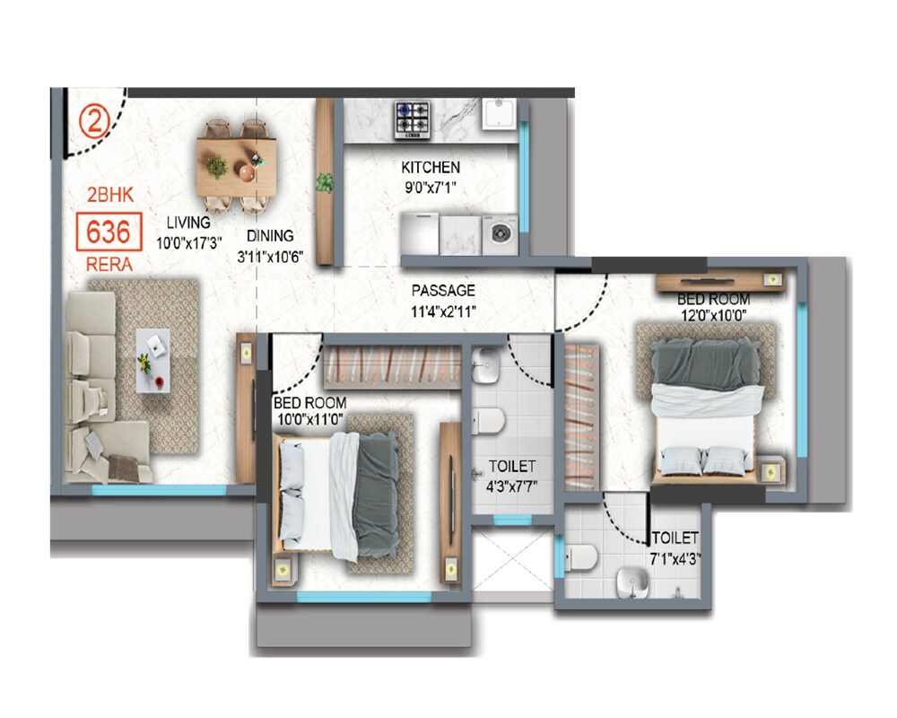 2 BHK 636 Sq. Ft. Apartment