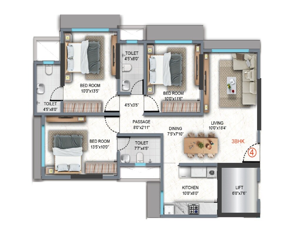 3 BHK 896 Sq. Ft. Apartment