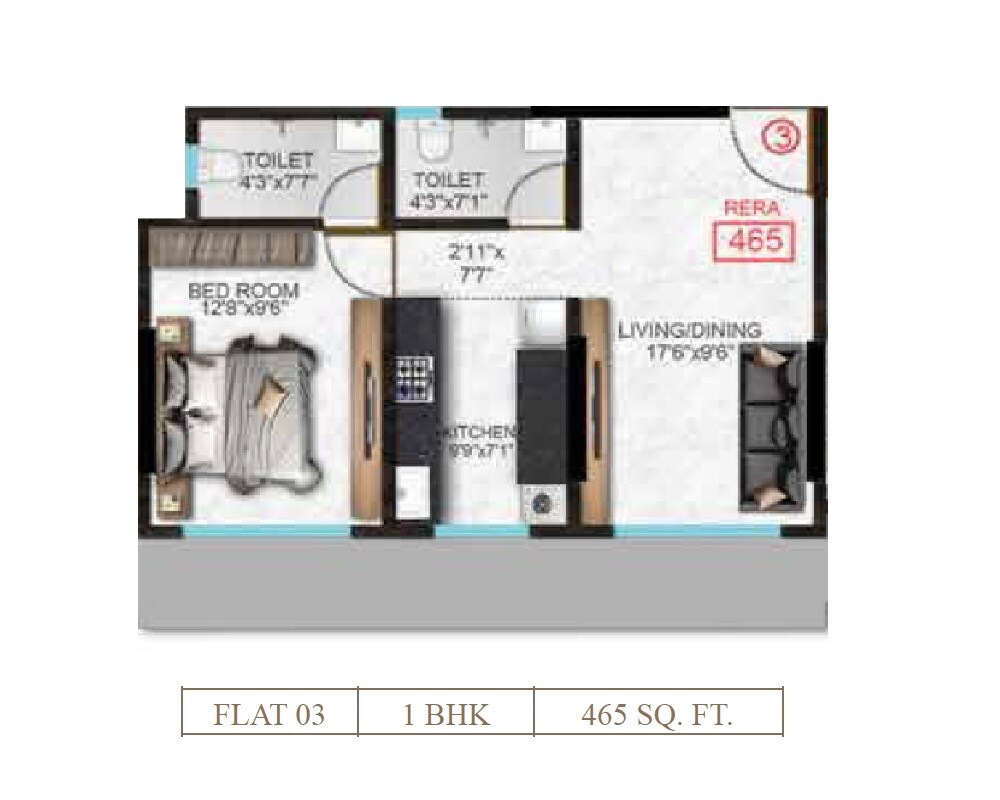 Floor plan of 1 BHK 465 Sq. Ft. Apartment in H Rishabraj Emerald, Mumbai