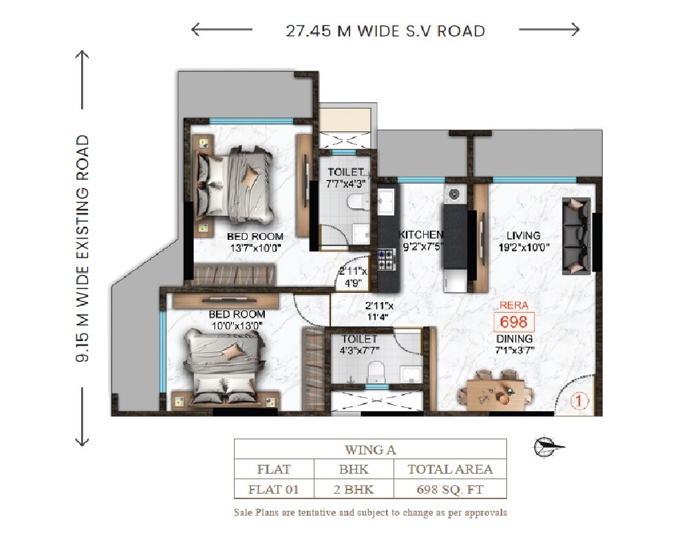 Floor plan of 2 BHK 698 Sq. Ft. Apartment in H Rishabraj Emerald, Mumbai