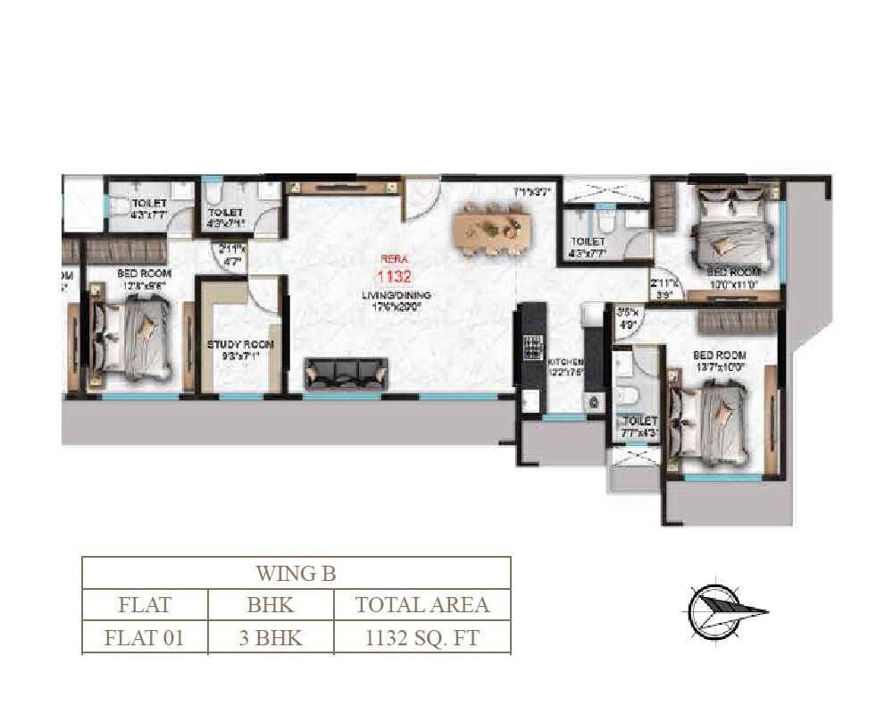 Floor plan of 3 BHK 1132 Sq. Ft. Apartment in H Rishabraj Emerald, Mumbai