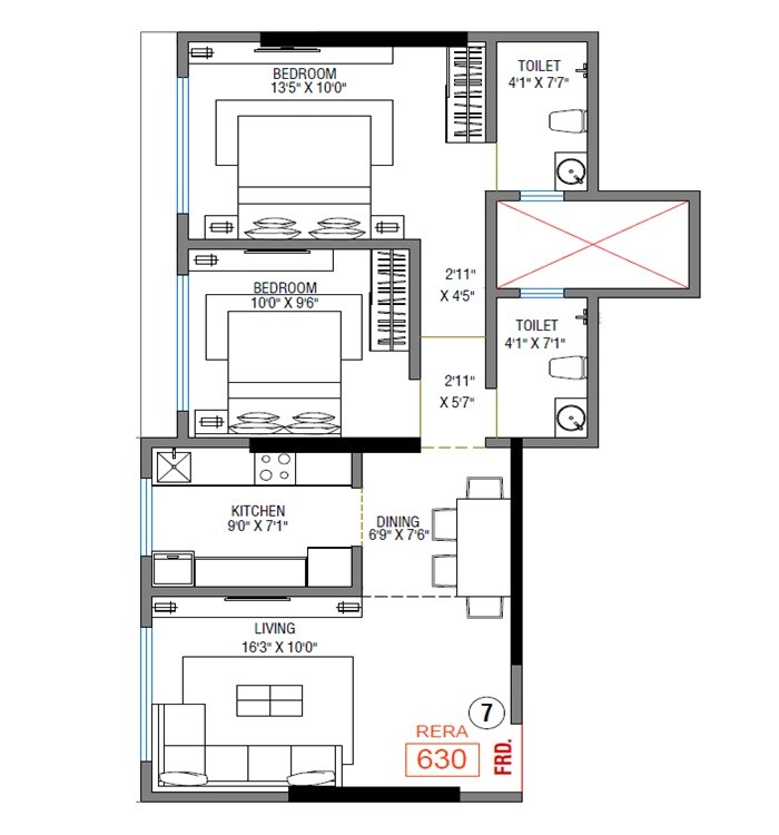 2 BHK 630 Sq. Ft. Apartment