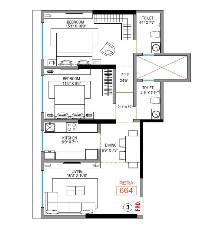 2 BHK 664 Sq. Ft. Apartment