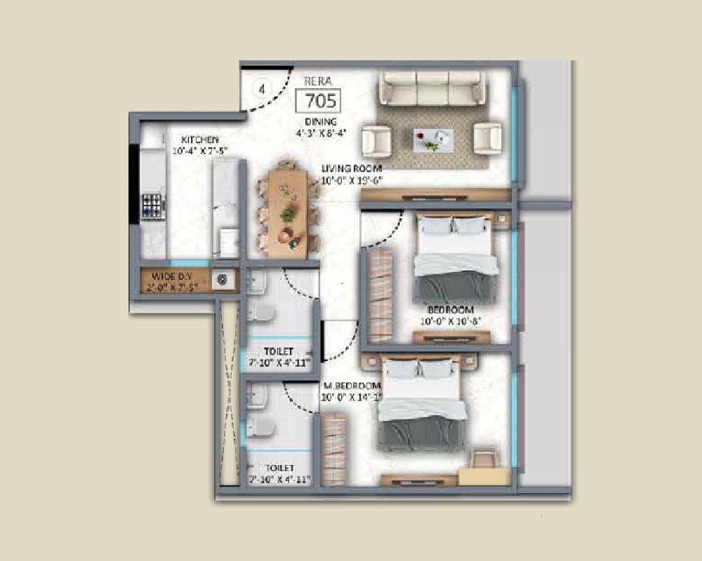 Floor plan of 2 BHK Apartment - 705 sq. ft. in H Rishabraj Mangal Varsha, Mumbai