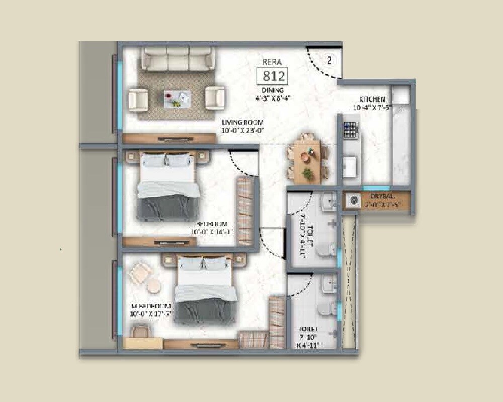Floor plan of 2 BHK Apartment - 812 sq. ft. in H Rishabraj Mangal Varsha, Mumbai