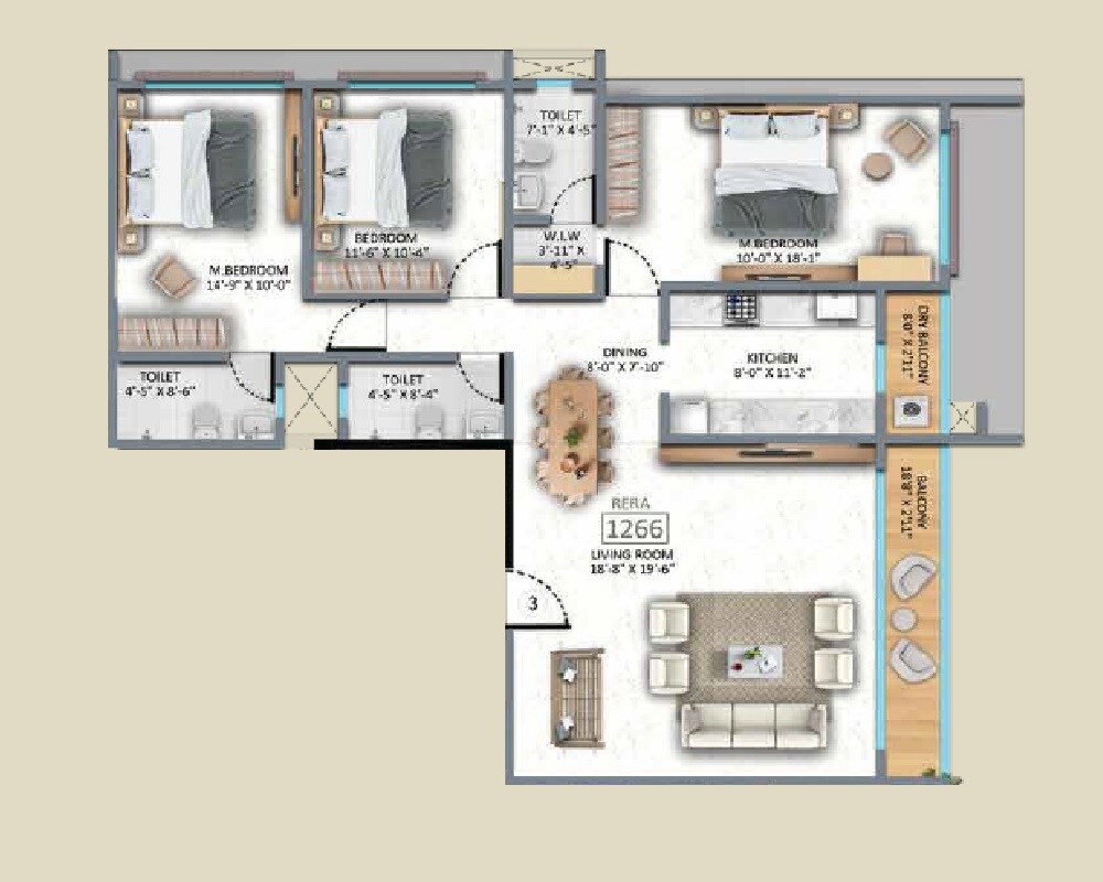 Floor plan of 3 BHK Apartment - 1266 sq. ft. in H Rishabraj Mangal Varsha, Mumbai