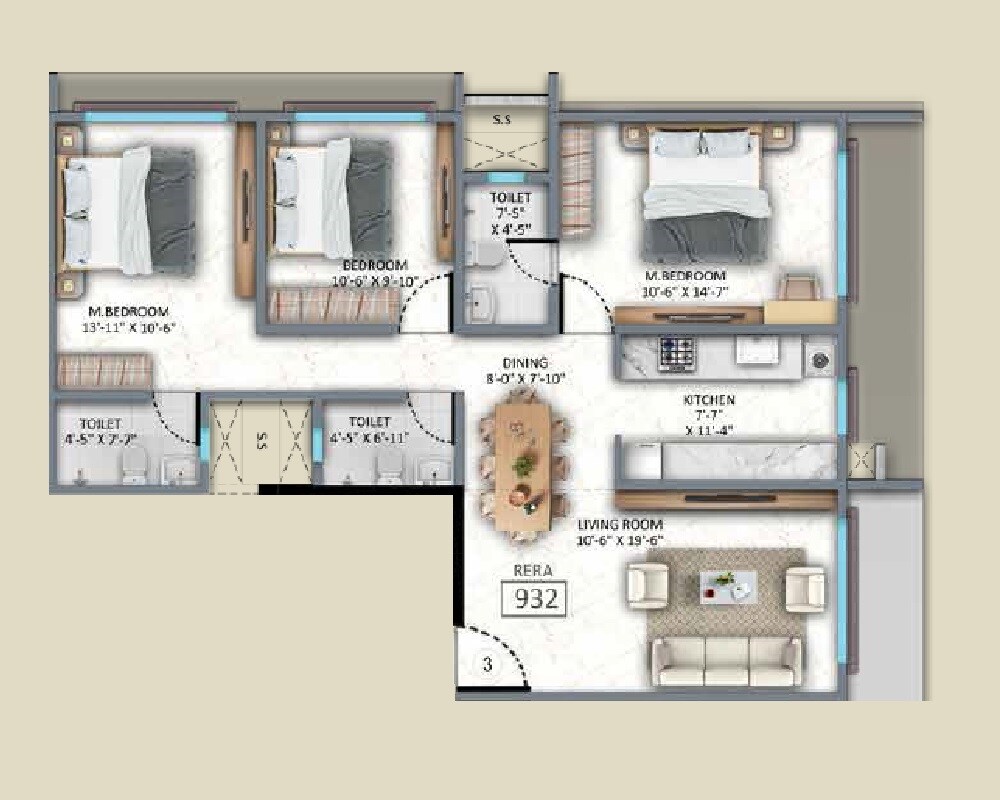 Floor plan of 3 BHK Apartment - 932 sq. ft. in H Rishabraj Mangal Varsha, Mumbai