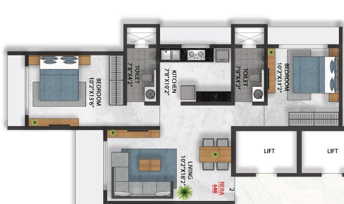 Floor plan of 2 BHK 648 Sq. Ft. Apartment in H Rishabraj Mangalesh, Mumbai