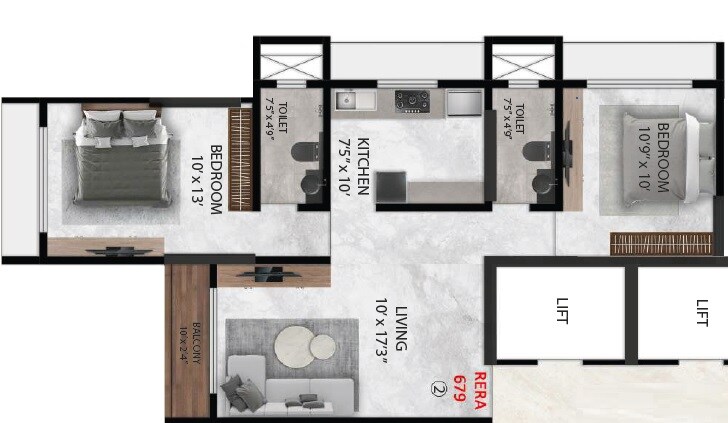 Floor plan of 2 BHK 679 Sq. Ft. Apartment in H Rishabraj Mangalesh, Mumbai