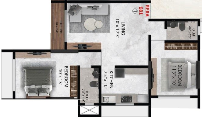 Floor plan of 2 BHK 681 Sq. Ft. Apartment in H Rishabraj Mangalesh, Mumbai