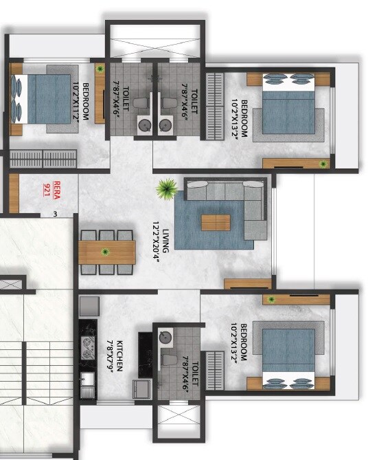 Floor plan of 3 BHK 921 Sq. Ft. Apartment in H Rishabraj Mangalesh, Mumbai