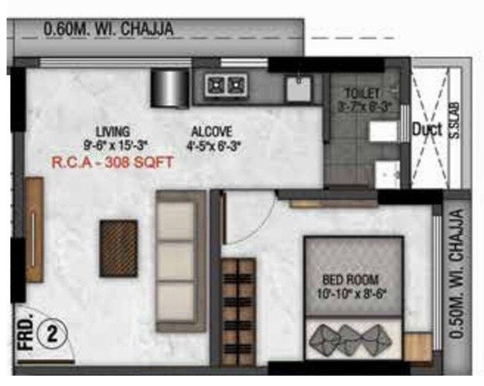 Floor plan of 1 BHK 308 Sq. Ft. Apartment in H Rishabraj Matruchhaya, Mumbai