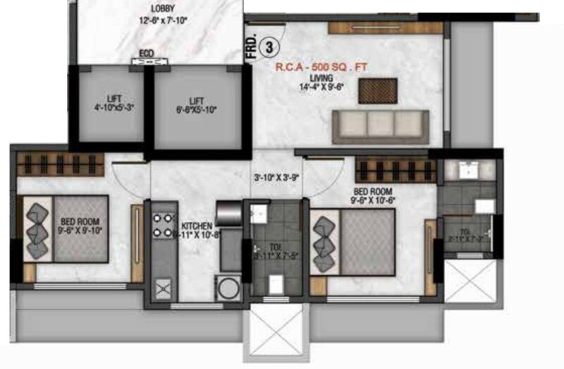 Floor plan of 2 BHK 500 Sq. Ft. Apartment in H Rishabraj Matruchhaya, Mumbai