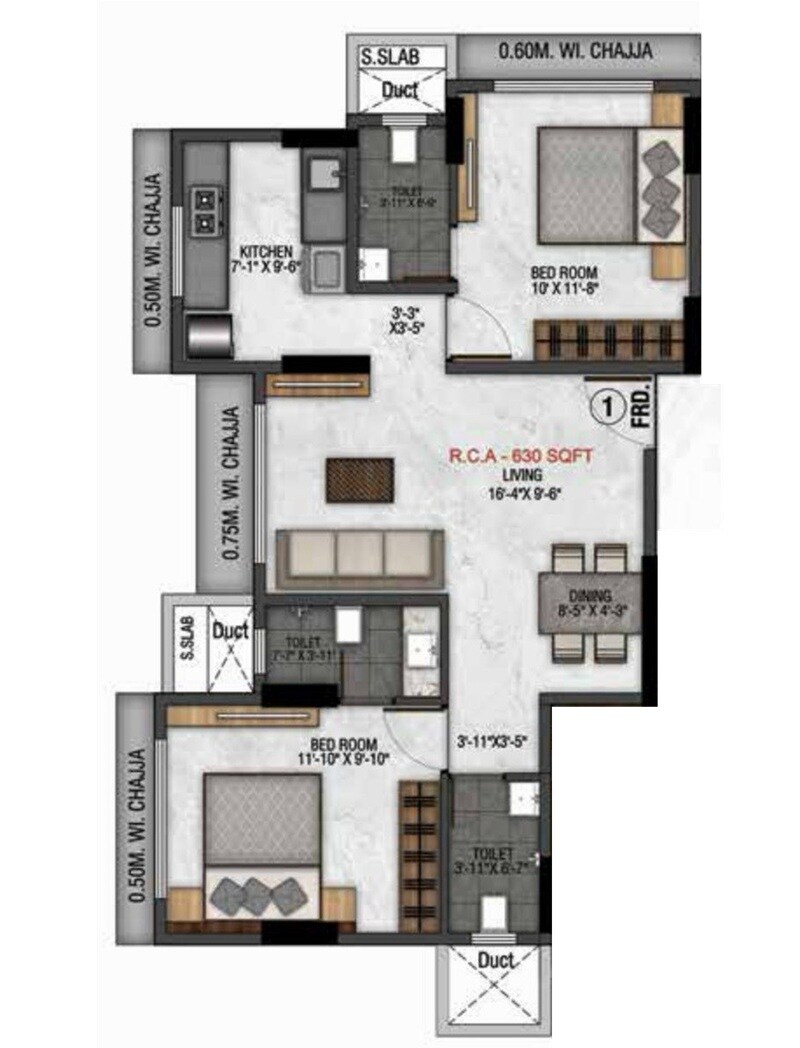 Floor plan of 2 BHK 630 Sq. Ft. Apartment in H Rishabraj Matruchhaya, Mumbai