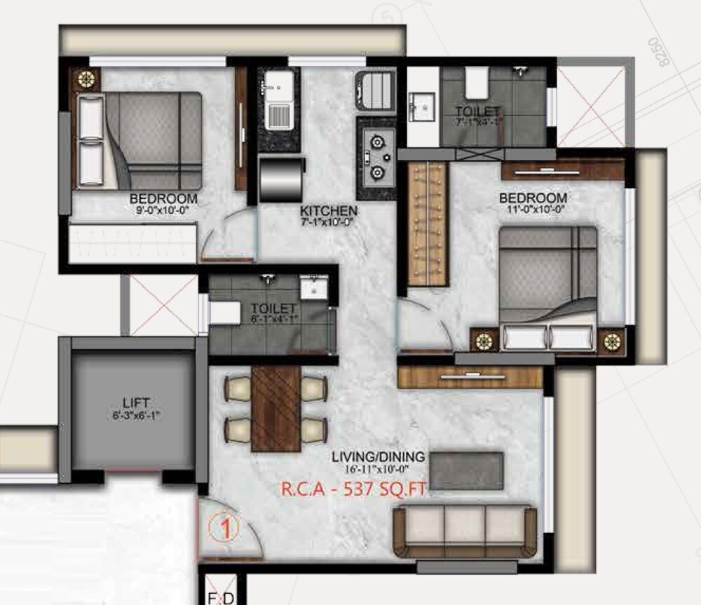 Floor plan of 2 BHK 537 Sq. Ft. Apartment in H Rishabraj Percy, Mumbai