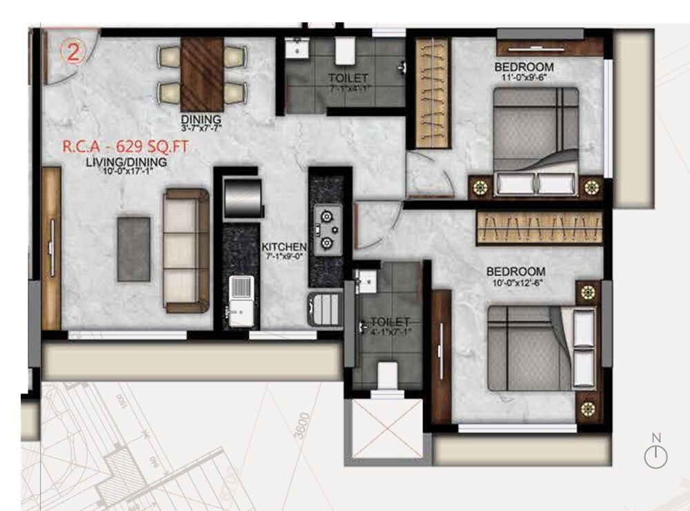 Floor plan of 2 BHK 629 Sq. Ft. Apartment in H Rishabraj Percy, Mumbai