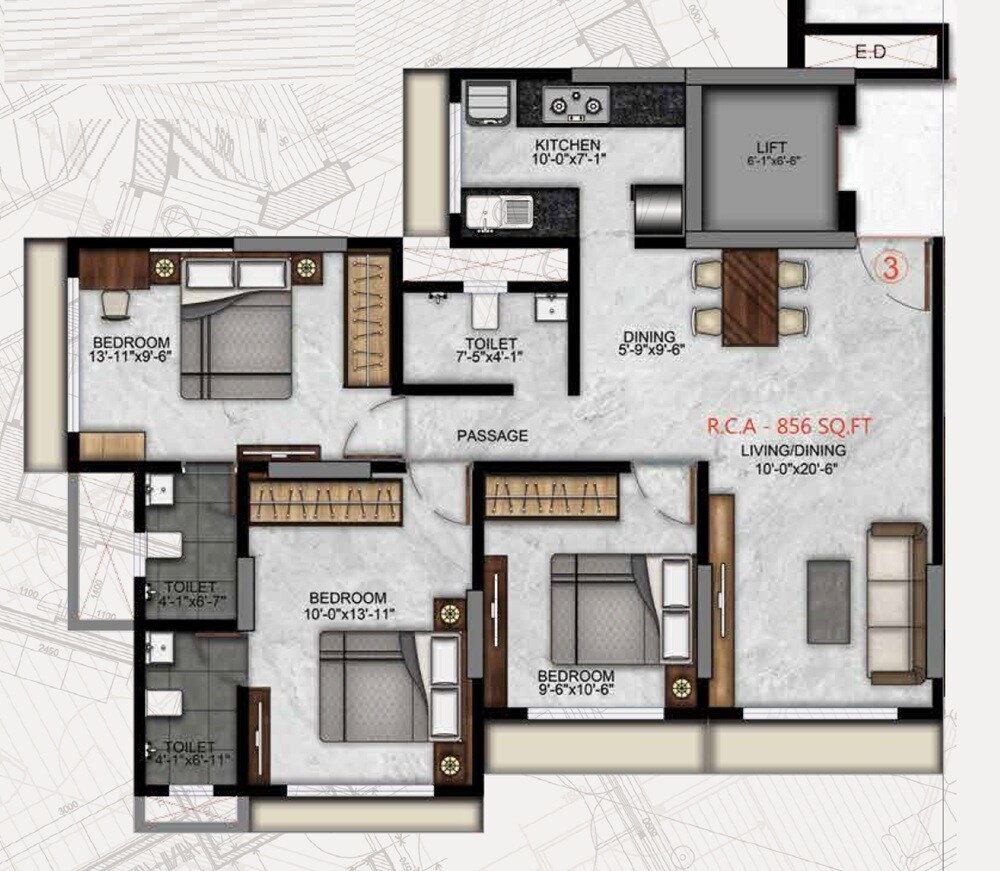Floor plan of 3 BHK 856 Sq. Ft. Apartment in H Rishabraj Percy, Mumbai