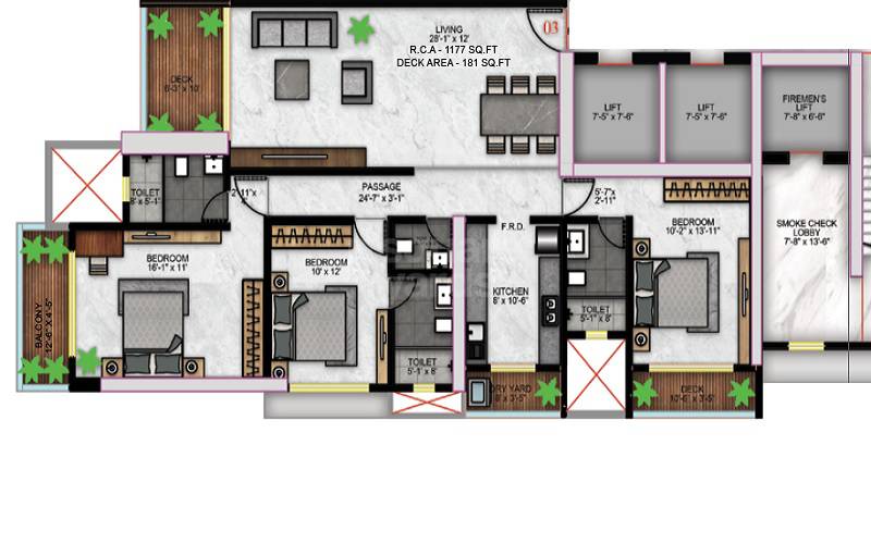 Floor plan of 3 BHK 1177 Sq. Ft. Apartment in H Rishabraj Phoenix, Mumbai