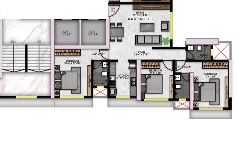 Floor plan of 3 BHK 850 Sq. Ft. Apartment in H Rishabraj Phoenix, Mumbai