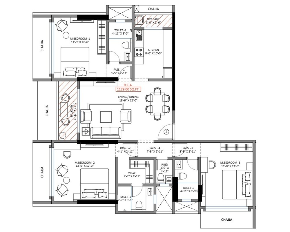 Floor plan of 3 BHK 1129 Sq. Ft. Apartment in H Rishabraj Pooja, Mumbai