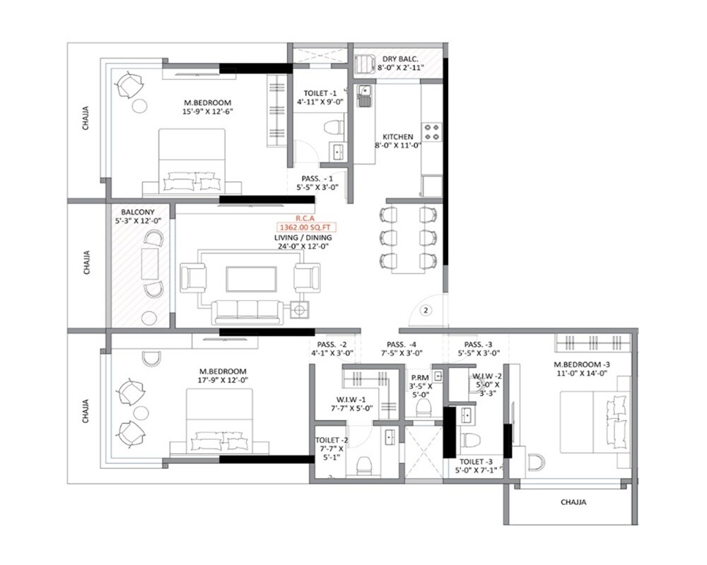Floor plan of 3 BHK 1362 Sq. Ft. Apartment in H Rishabraj Pooja, Mumbai