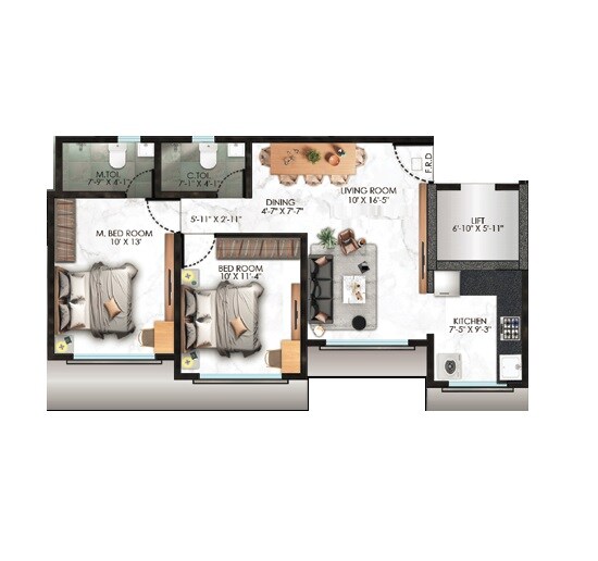 Floor plan of 2 BHK 704 Sq. Ft. Apartment in H Rishabraj Saffron Peace, Mumbai