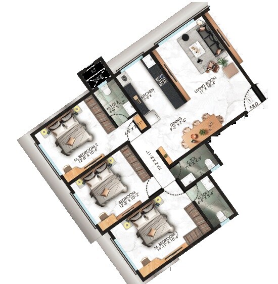 Floor plan of 3 BHK 824 Sq. Ft. Apartment in H Rishabraj Saffron Peace, Mumbai