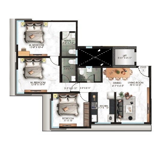 Floor plan of 3 BHK 968 Sq. Ft. Apartment in H Rishabraj Saffron Peace, Mumbai
