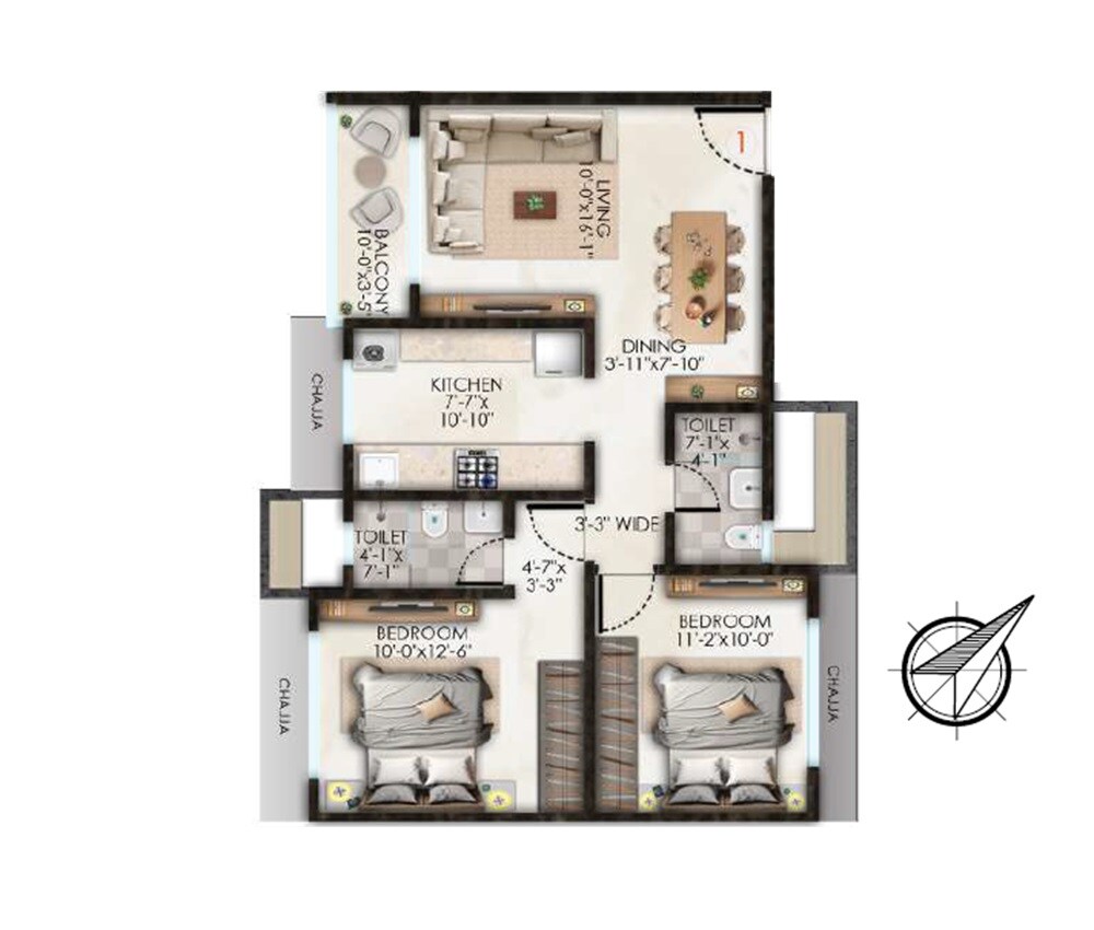 Floor plan of 2 BHK 689 Sq. Ft. Apartment in H Rishabraj Serenity Decks, Mumbai