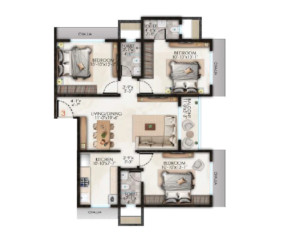 Floor plan of 3 BHK 944 Sq. Ft. Apartment in H Rishabraj Serenity Decks, Mumbai