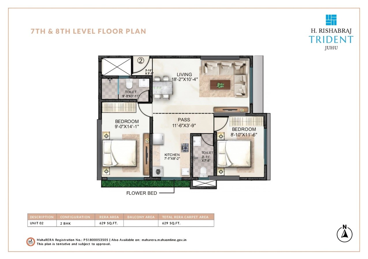 Floor plan of 2 BHK 629 Sq. Ft. Apartment in H Rishabraj Trident, Mumbai