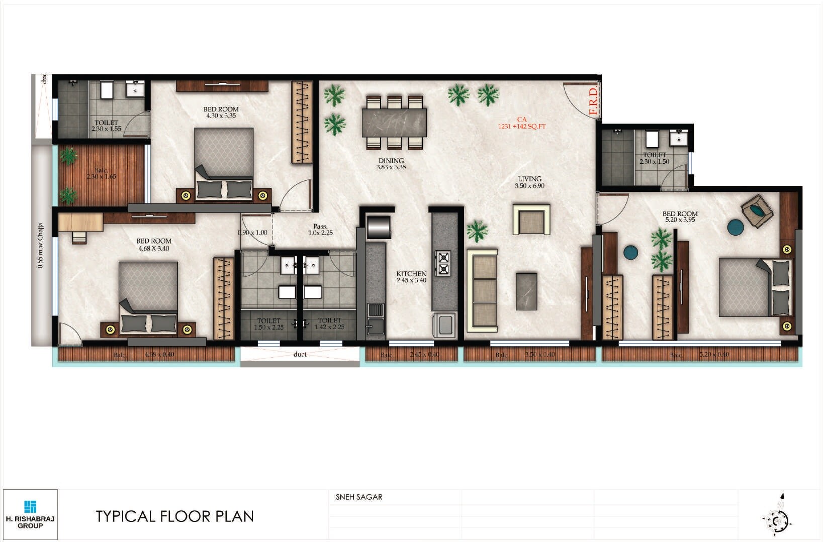 Floor plan of 3 BHK 1373 Sq. Ft. Apartment in H Rishabraj Trident, Mumbai