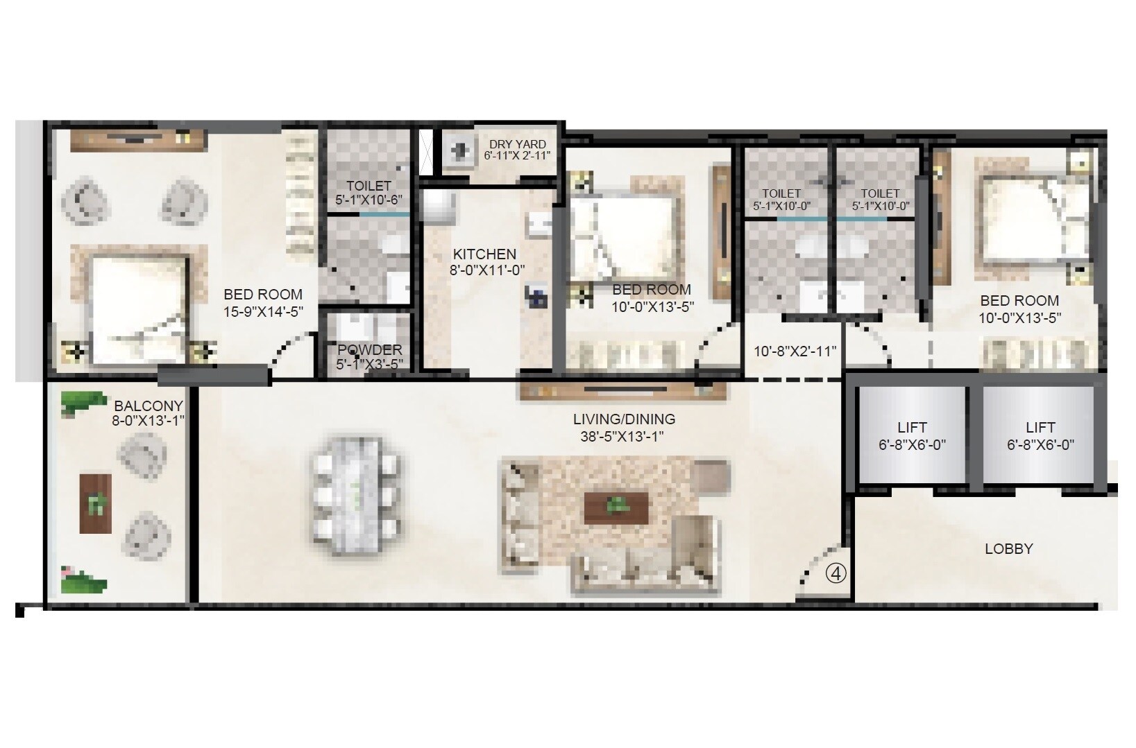 Floor plan of 3 BHK 1500 Sq. Ft. Apartment in H Rishabraj Trident, Mumbai