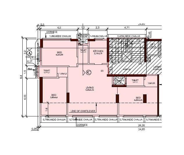 Floor plan of 3 BHK 1036 Sq. Ft. Apartment in Hans Vallabh Niwas, Mumbai