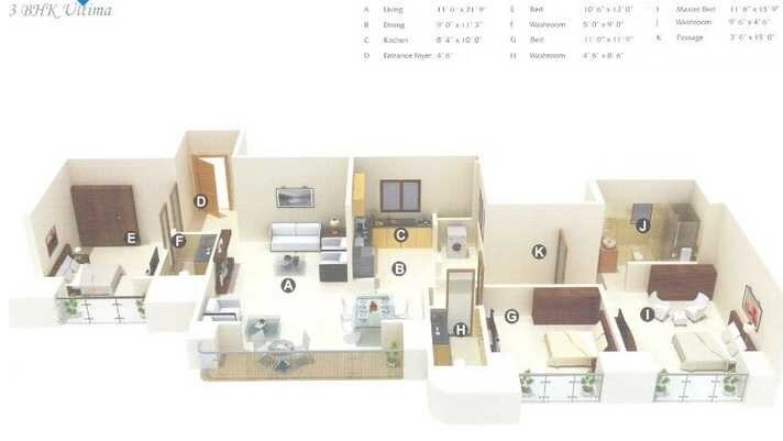 Floor plan of 3 BHK 2120 Sq. Ft. Apartment in Happy Home Jade Garden, Mumbai