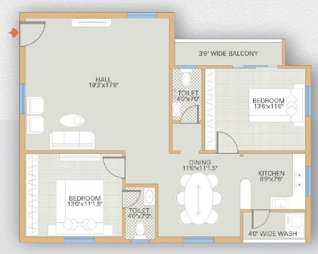 Floor plan of 2 BHK 694 Sq. Ft. Apartment in Happy Home Jade Vedant, Mumbai