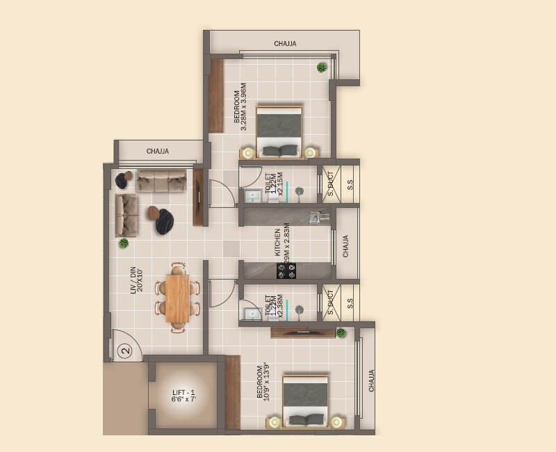Floor plan of 2 BHK 716 Sq. Ft. Apartment in Happy Home Tatva Shila, Mumbai
