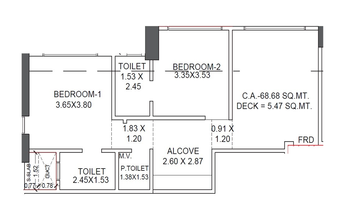 Floor plan of 2 BHK Apartment - 739 sq. ft. in Happy Jade Courtyard, Mumbai